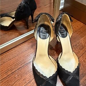 Vintage Christian Dior Souliers Black Suede D’Orsay Pump Heels ribbon 40 10